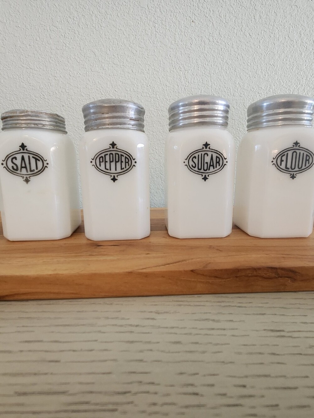 Vintage Hazel Atlas Milk Glass Salt & Pepper Sugar & Flour Shakers Set 4